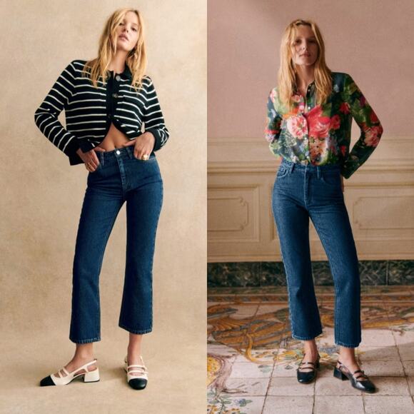 Sezane Jeans Womens EU 38 US 6 Blue Flare Ankle Mid Rise Laurence Trouser Denim - Picture 2 of 11